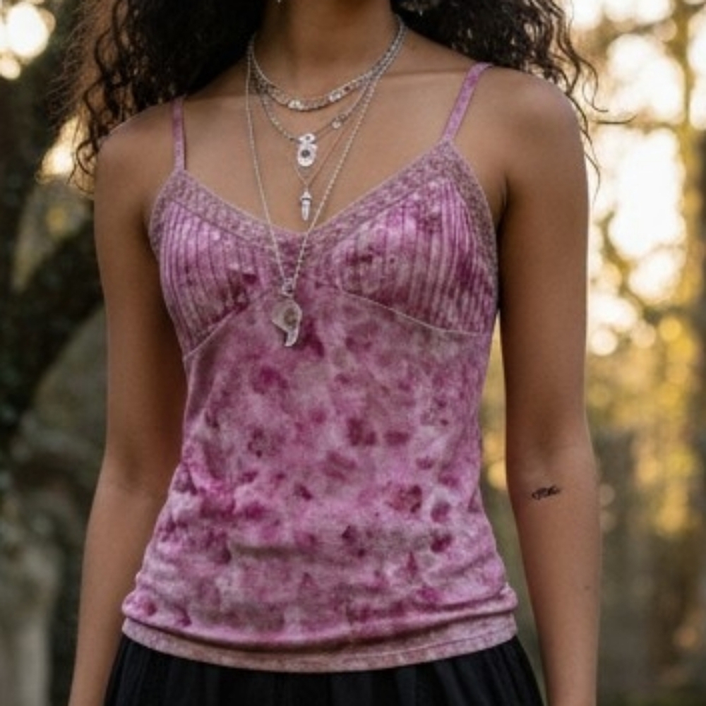 Feminine Pink Lace Trim Cami Spaghetti Strap Pleated Tank Romantic Coquette
